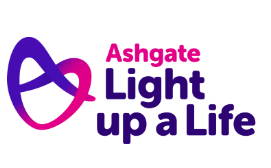 Pink and purple heart logo with Pink and purple writing saying Ashgate, Light up a life