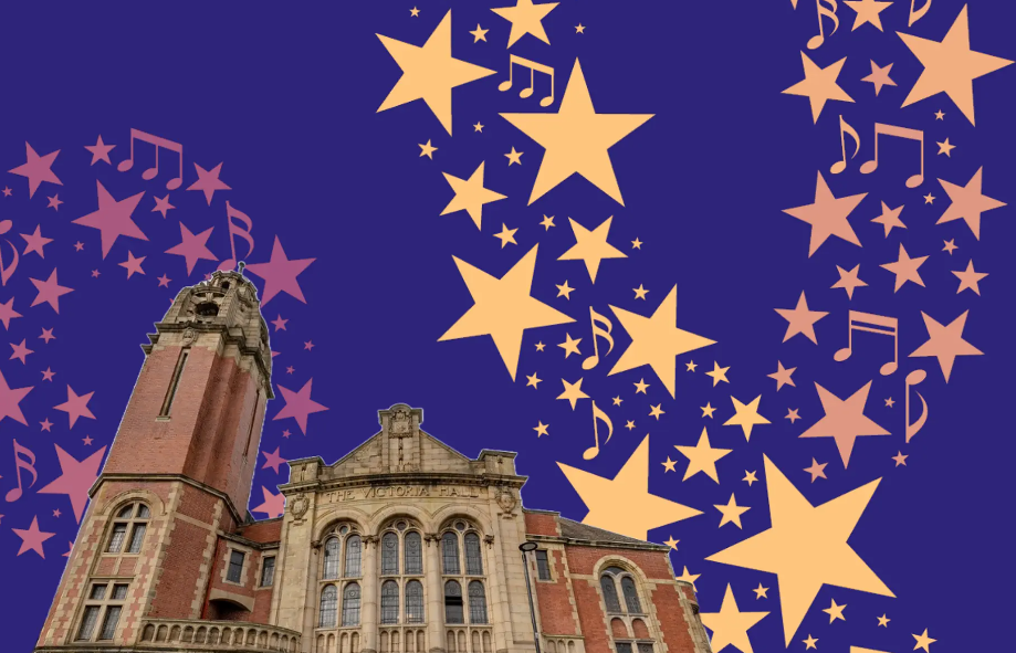 A photo of Victoria Hall with a Purple background and star icons